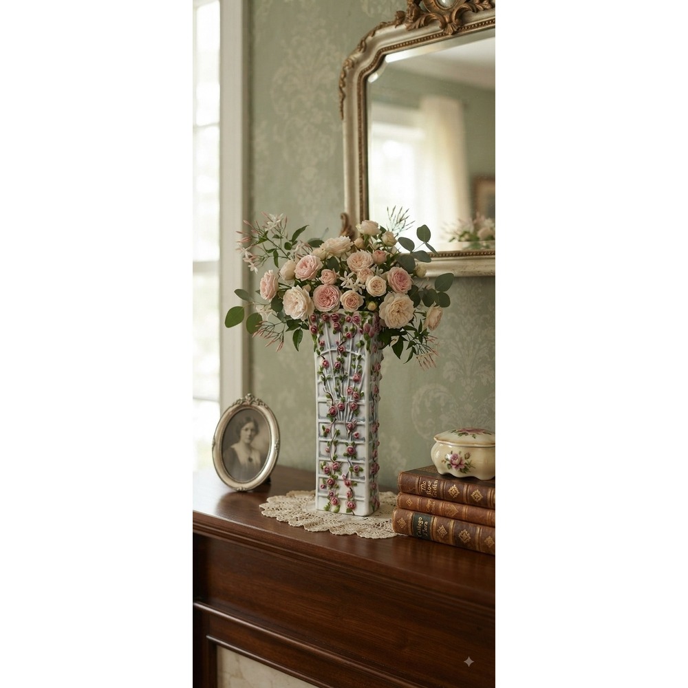 LBK Porcelain Rose Trellis Bud Vase Pink Floral Relief Rectangular 8 inch